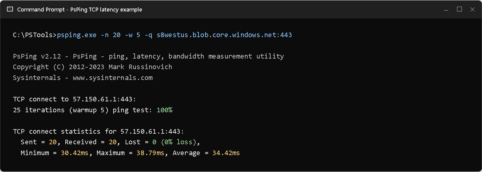 Command Prompt showing PsPing TCP connection statistics for the West US Azure Storage endpoint with 20 packets sent, 20 received, zero loss, and minimum, maximum, and average latency
